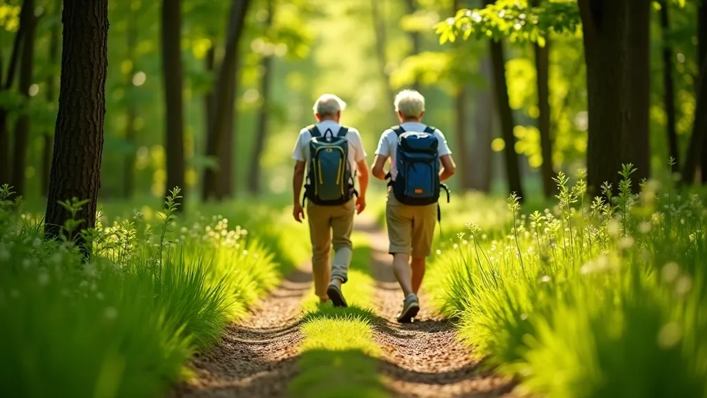 Senioru pāris staigā pa meža taku starp kokiem, saulains pavasaris