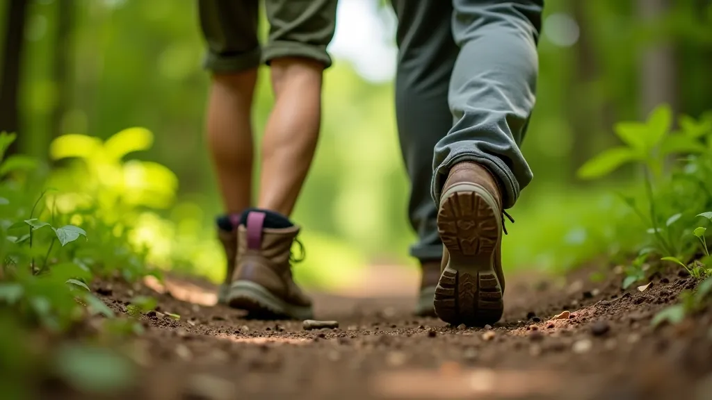 Seniora pāra apavi un hikingas nozīme uz natura taka, skaistas apkārtnes fona